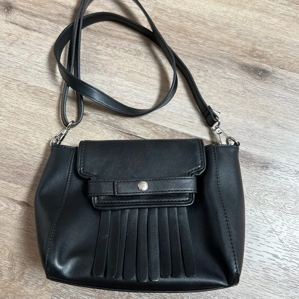 Neiman Marcus Black Fringe Faux Leather Crossbody Purse